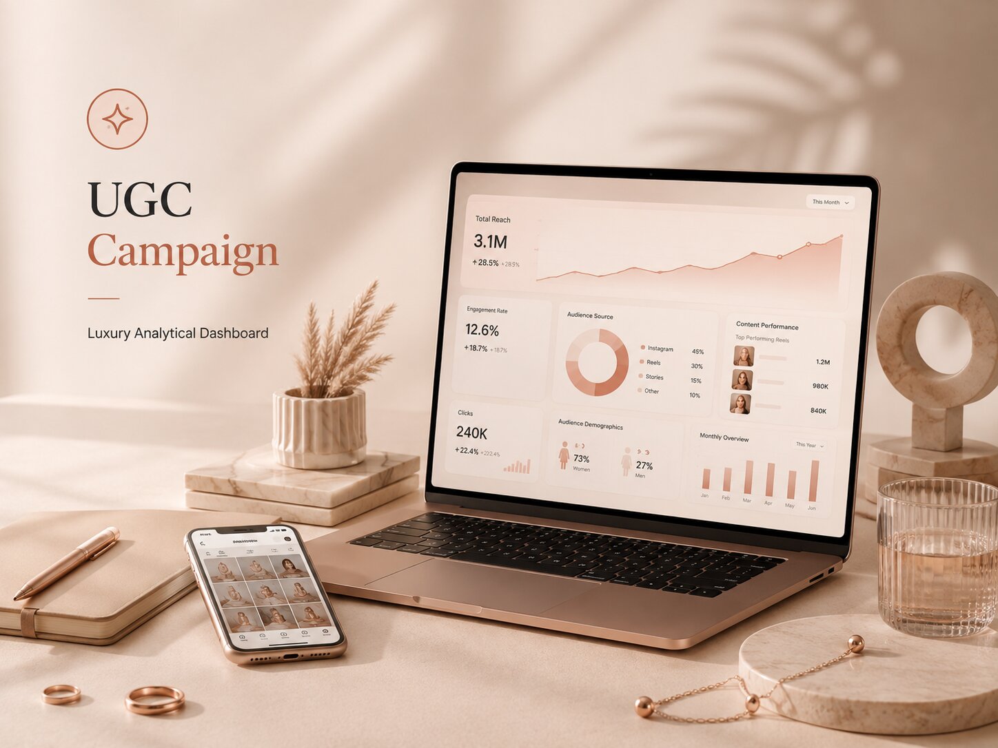 Luxury Instagram analytics dashboard on a phone with growth charts for collab connect